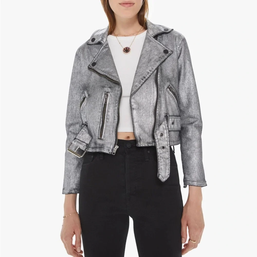 Mother Denim Friday Night Freestyle Metallic Silver Coated Moto Jacket XS - Picture 3 of 12